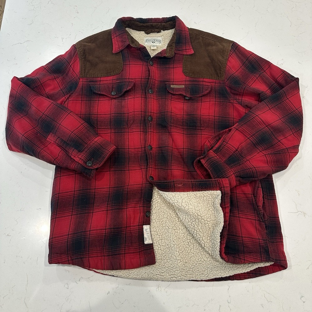 Field & Stream Mens XL Red Buffalo Plaid Sherpa Lined Flannel Shirt Jacket